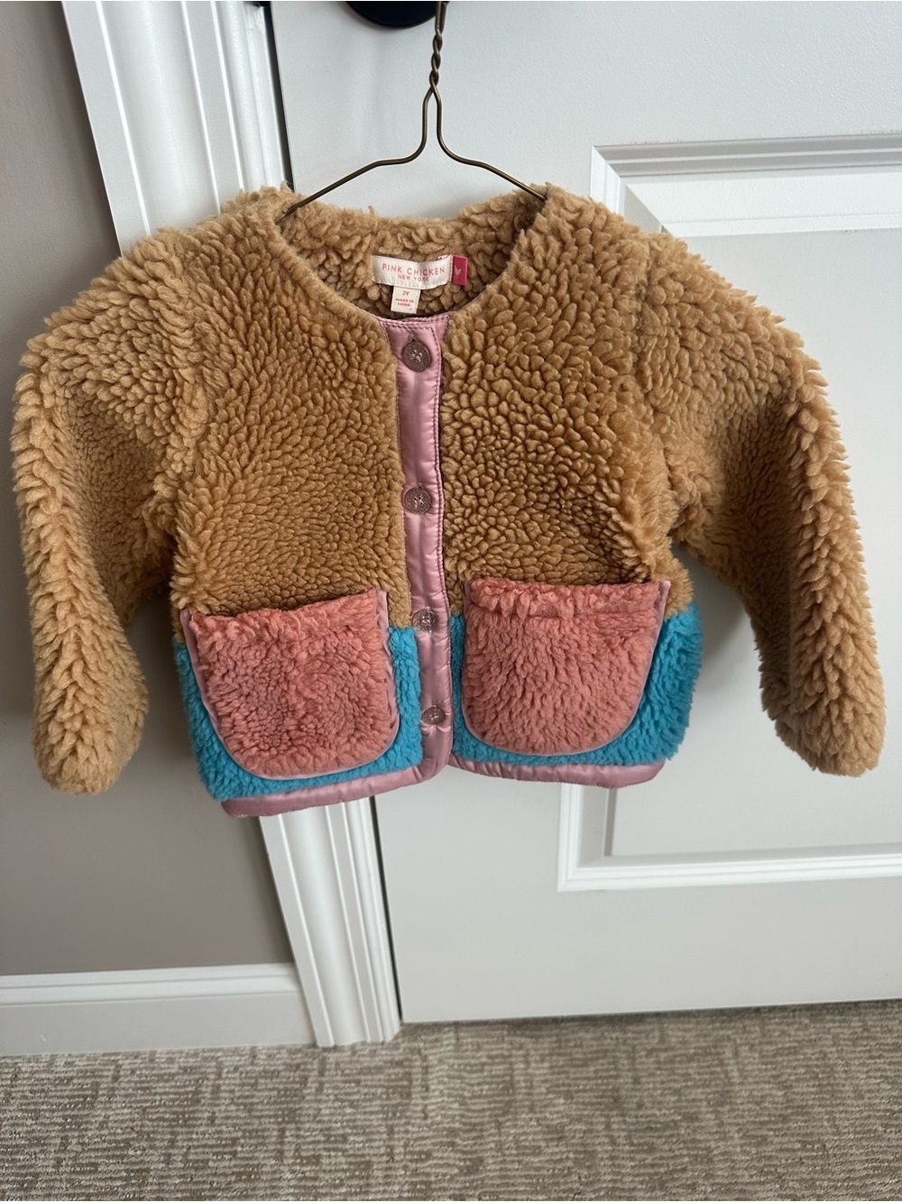 Pink Chicken Tan Sherpa Jacket with Pink & Blue Pockets